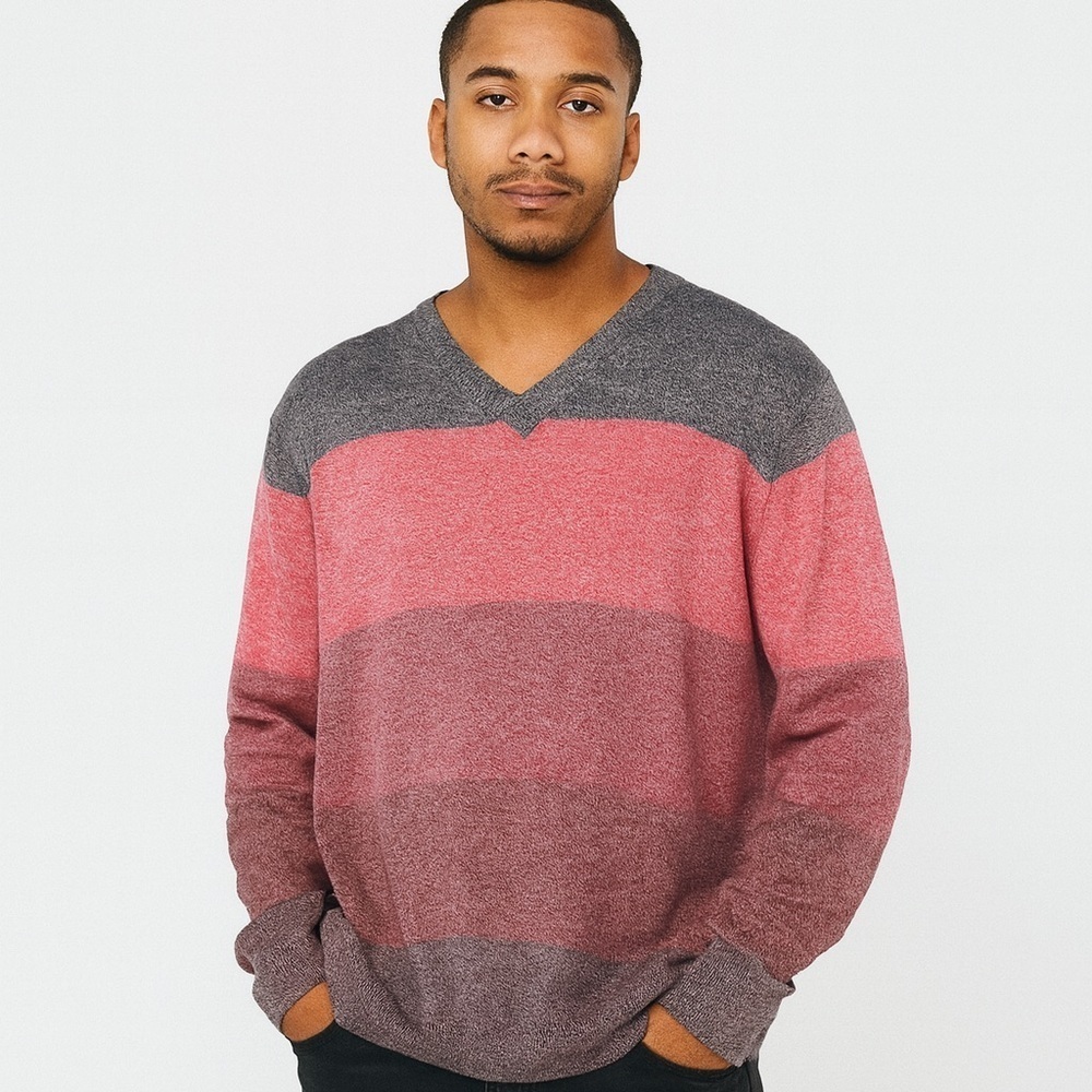 Sean John Sweater 2XL V-Neck Pullover 100% Cotton Gray Pink Colorblock Stripe